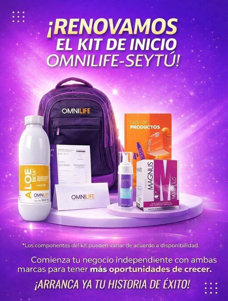Promotional image for OMNILIFE-SEYTU startup kit featuring a purple backpack, water bottle, and beauty products on a glowing purple background.
